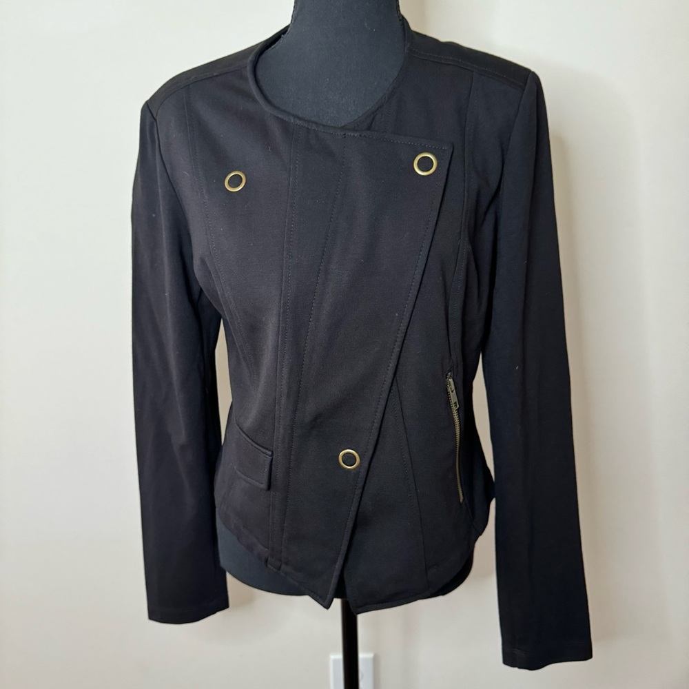 Cabi Black 615 Moto Ponte Knit Asymmetrical Jacket Coat